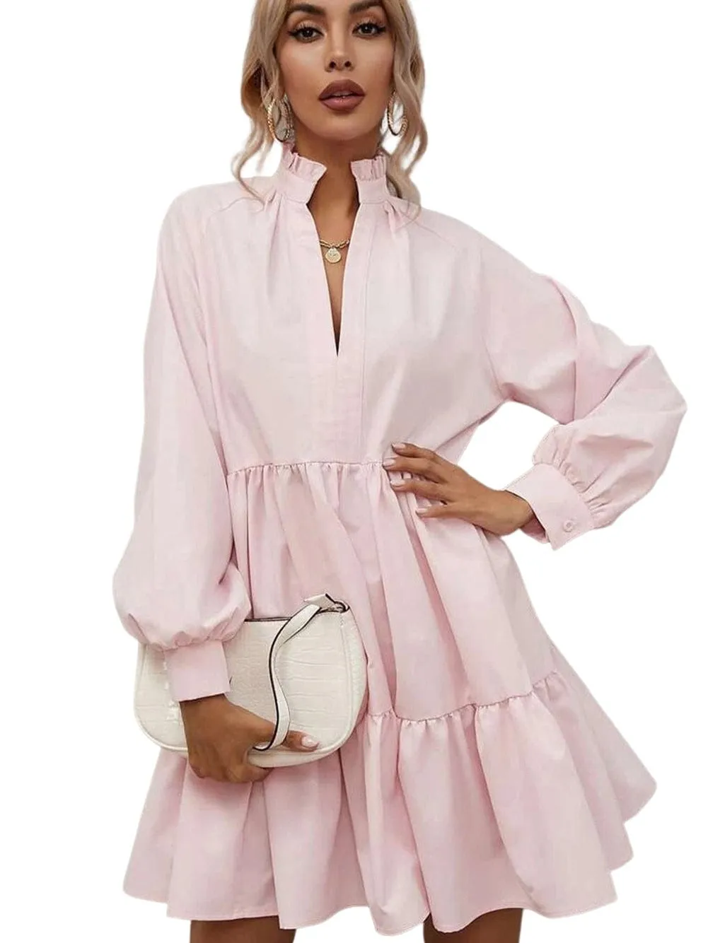 Blush Pink Ruffle Collar A-Line Mini Dress