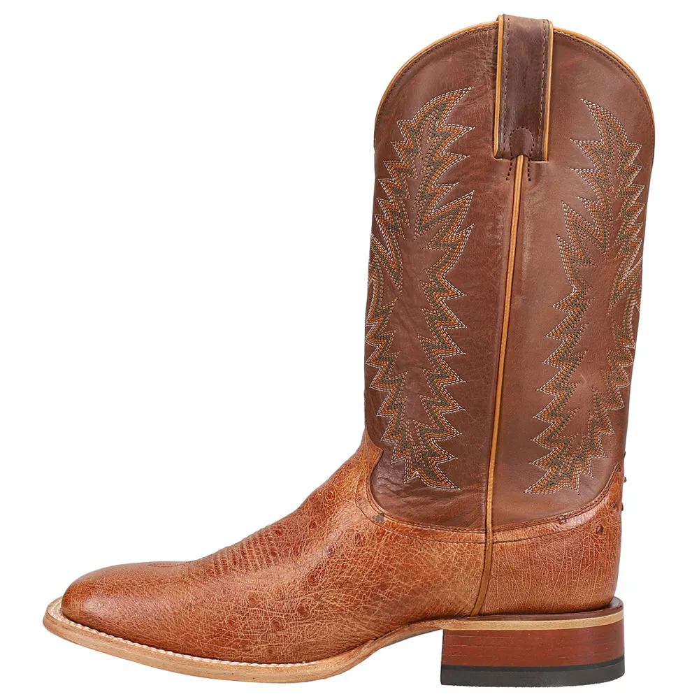 Breck Smooth Ostrich Embroidered Square Toe Pull On Cowboy Boots