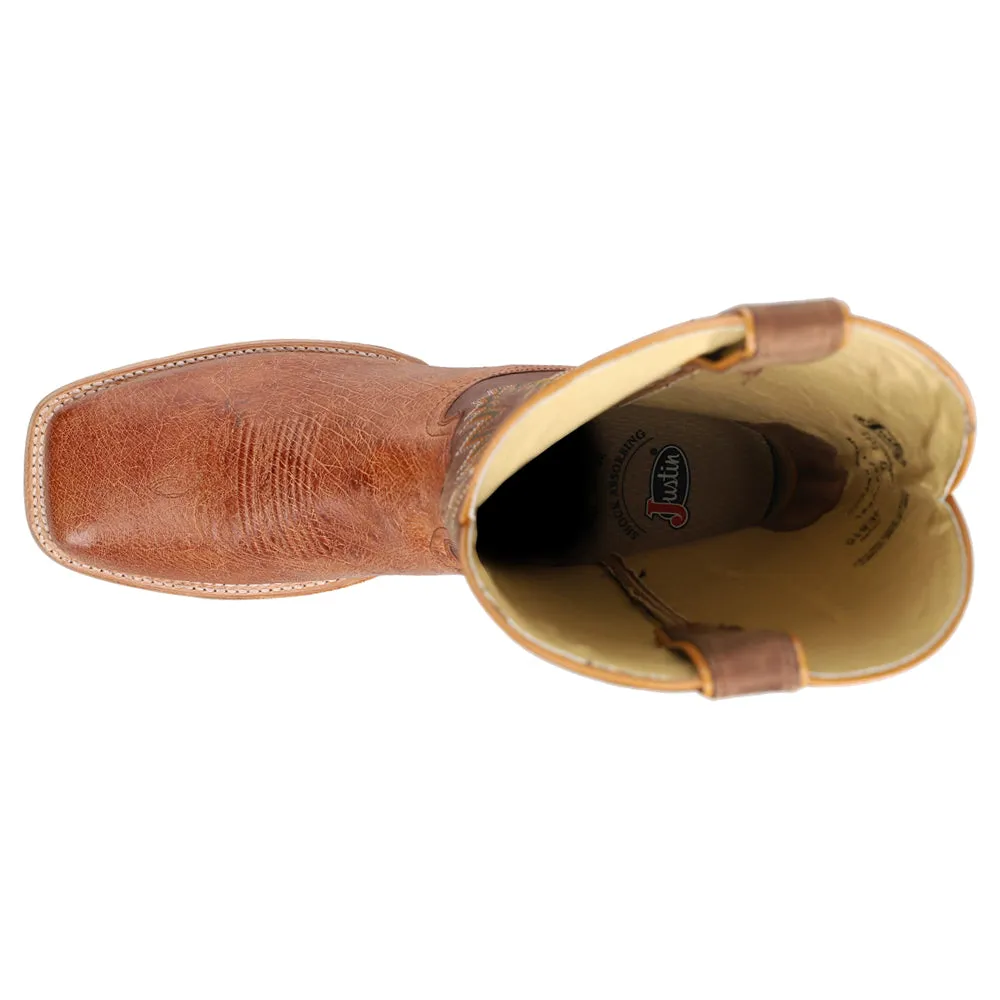 Breck Smooth Ostrich Embroidered Square Toe Pull On Cowboy Boots