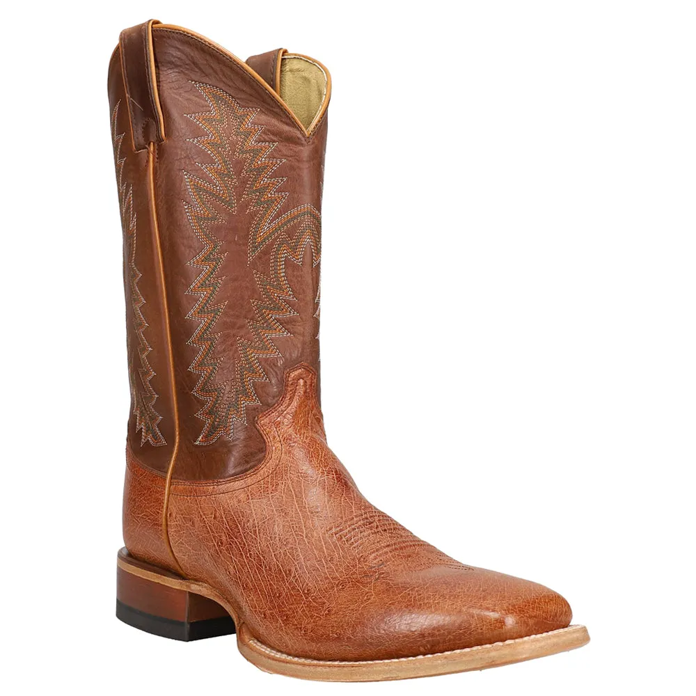Breck Smooth Ostrich Embroidered Square Toe Pull On Cowboy Boots