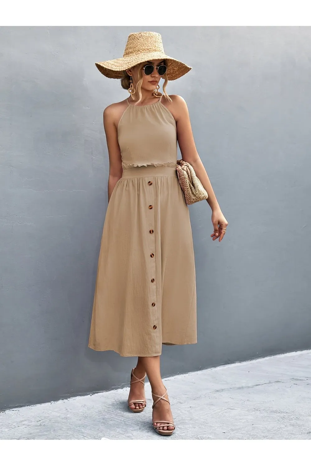 Buttoned Halter Neck Frill Trim Midi Dress