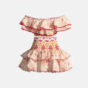 Español Chic Set – Red accents – Layered high-waisted skirt