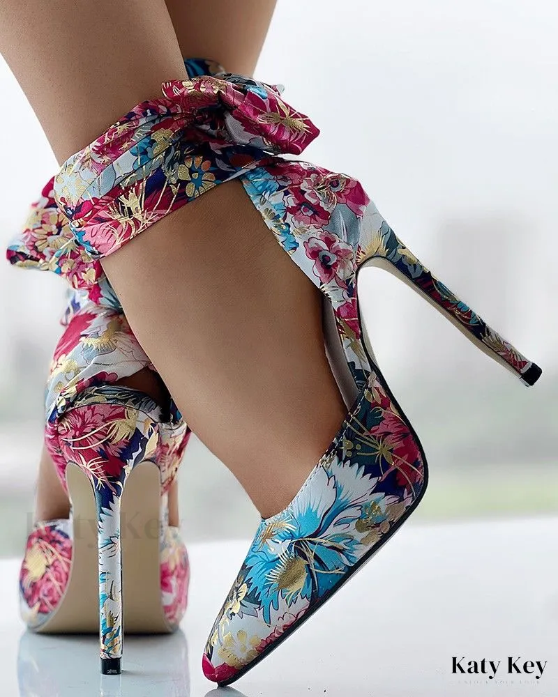 KatyKey - Chic and Elegant Floral Print Tie-Up Ankle Thin Heel Sandals