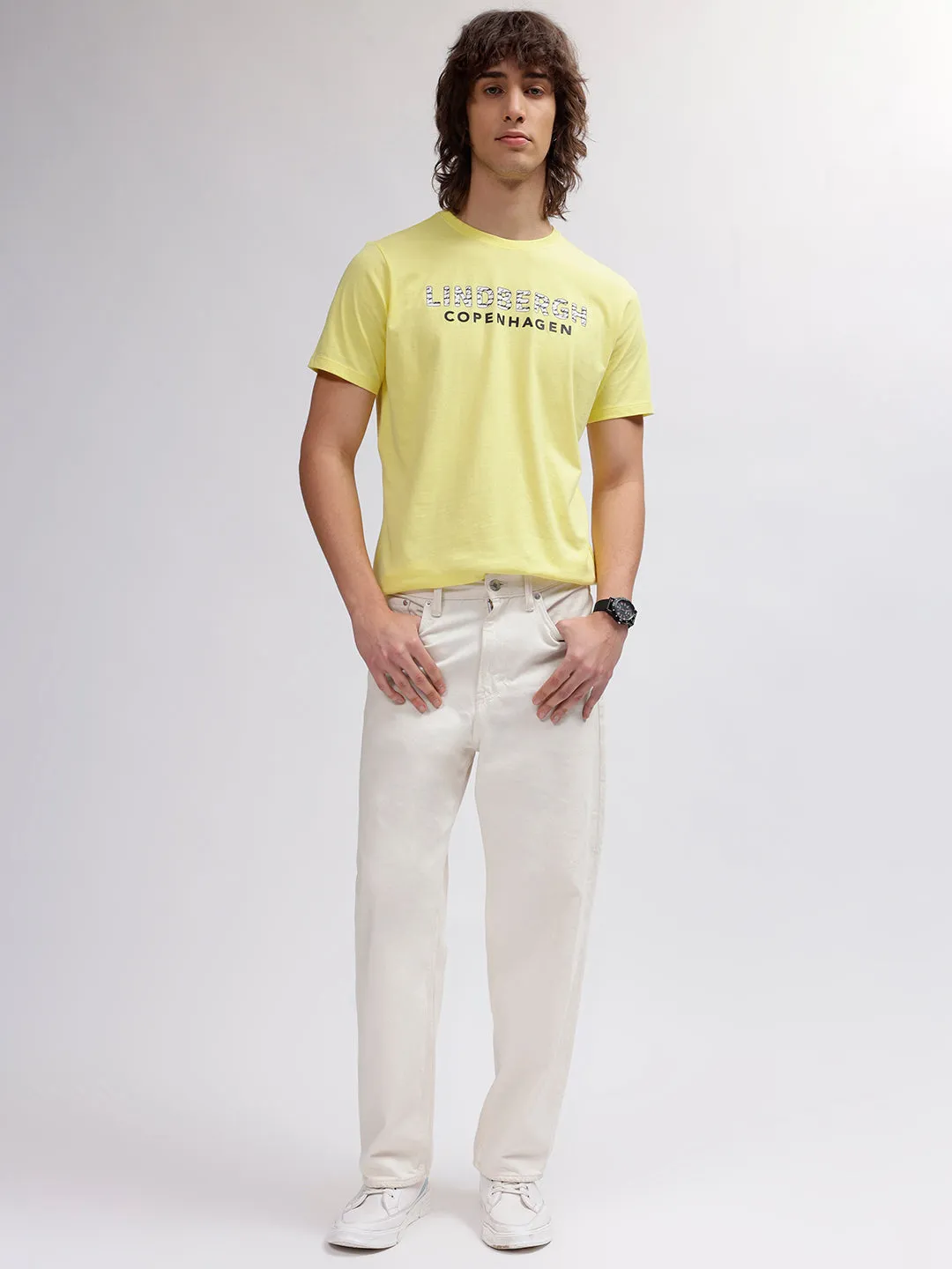 Lindbergh Men Yellow Solid Round Neck Short Sleeves T-shirt