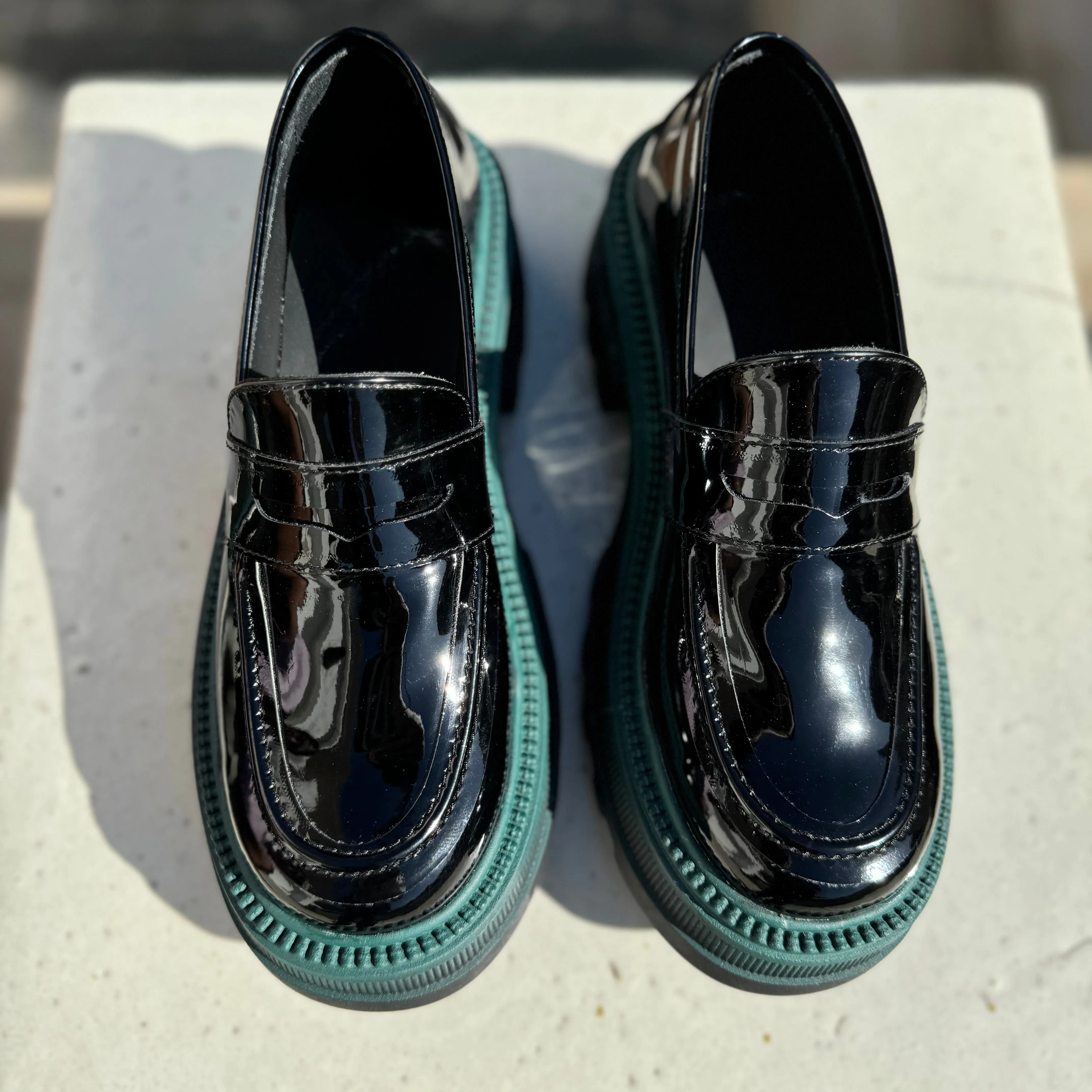 Marcy Platform Loafers in Black Vernis