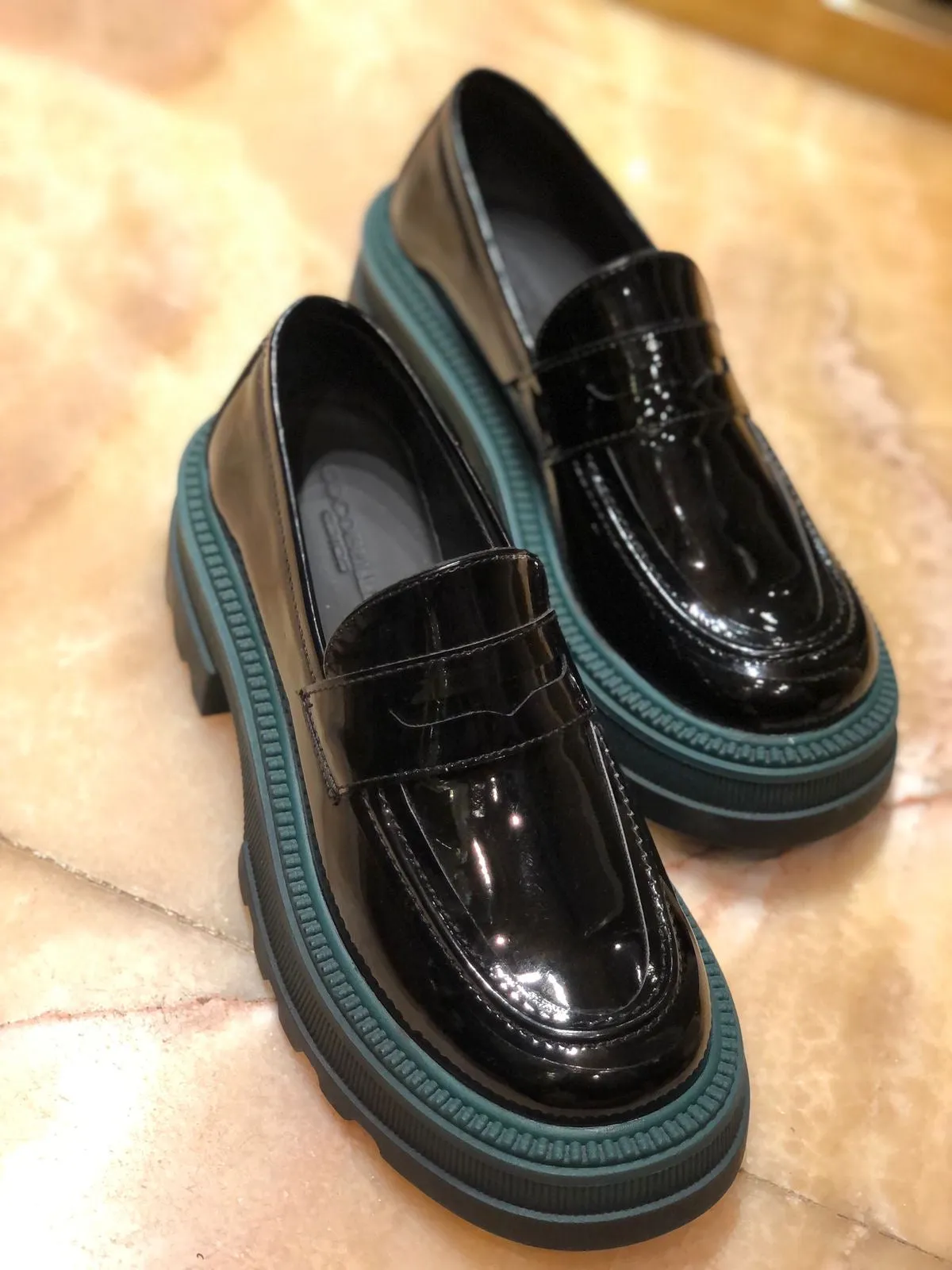 Marcy Platform Loafers in Black Vernis