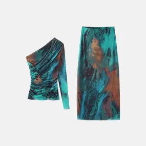 Méditerranée Éclat Set – Abstract print – One-shoulder midi skirt